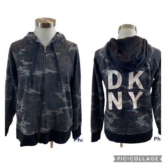 Ladies‎ DKNY Sport Full Zip Black Grey Camo Hoodie Sweatshirt Size Small - Picture 1 of 9